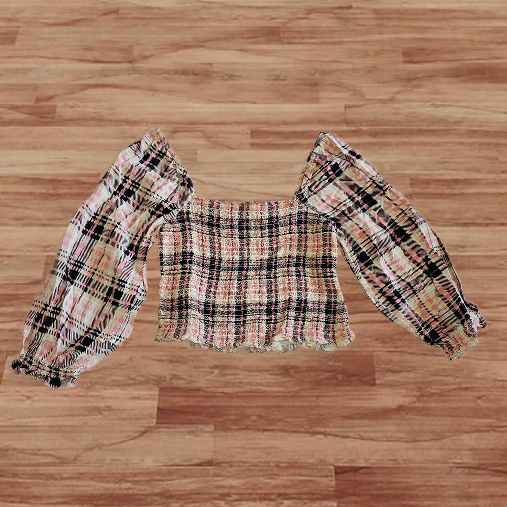 Size S Cream Pink Black Plaid Off-Shoulder Long Sleeve Top
